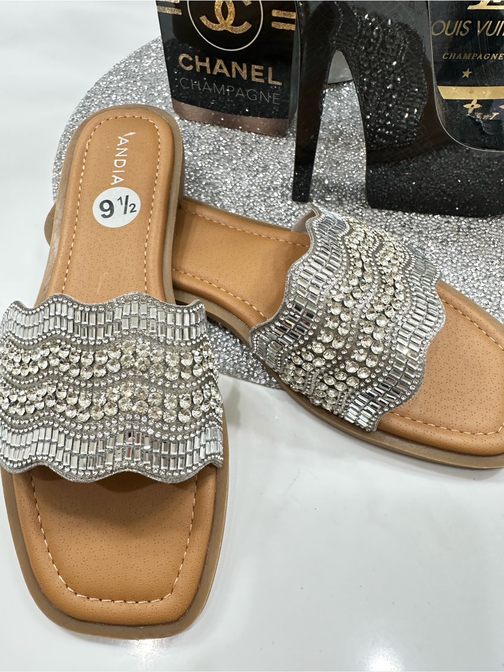 NEW Silver Rhinestone Beaded Wave Slide Sandals - Silver 9.5 Bling